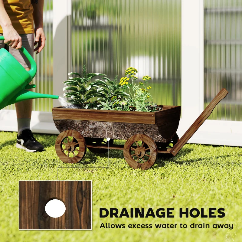 Wooden Wagon Planter Box, Mobile Garden Planter with 4 Wheels, Small Wheelbarrow Wagon Flower Cart with Drainage Holes