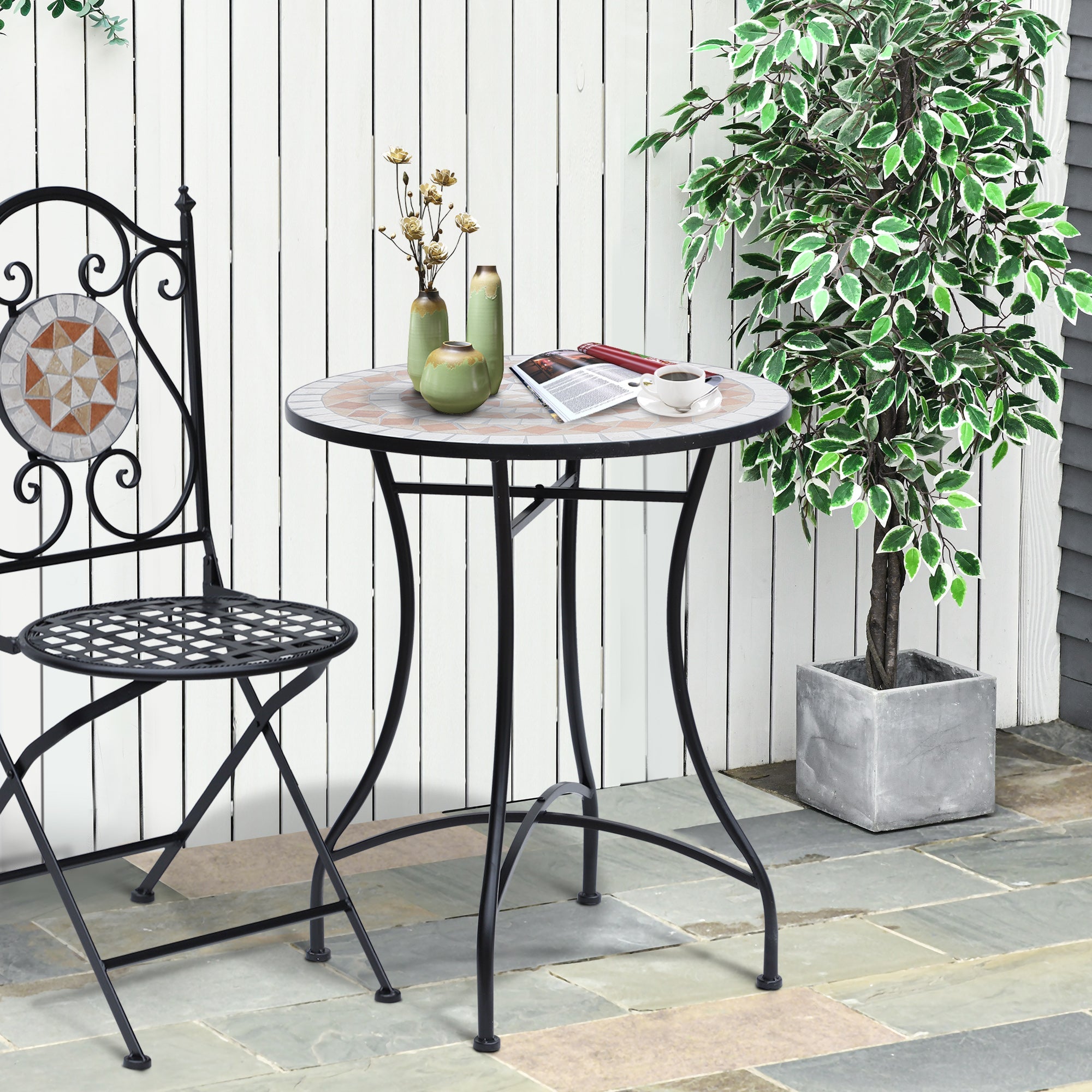 Outsunny 23.5" Mosaic Round Patio Table Metal Bistro Coffee Outdoor Furniture Ceramic Top Garden Lawn