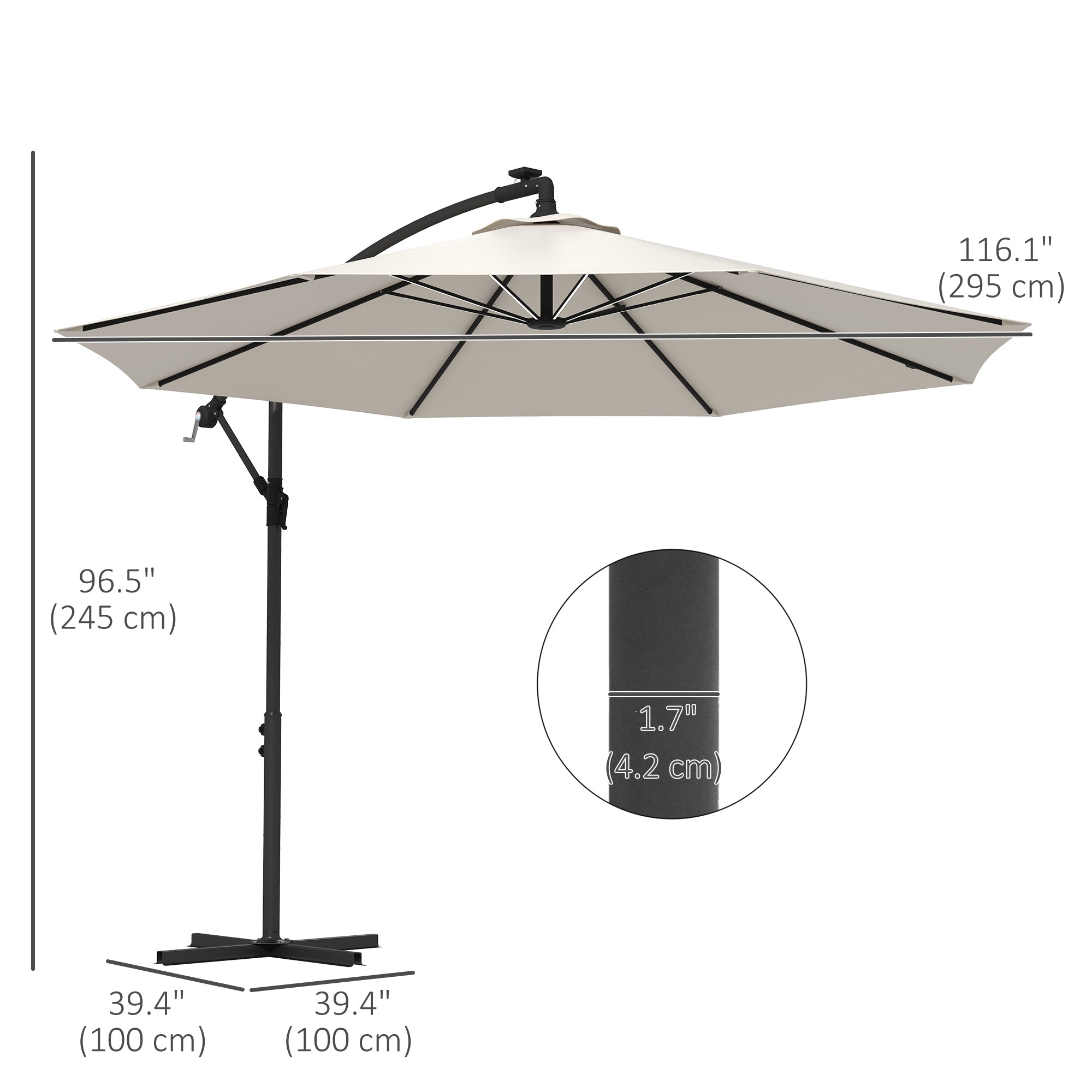 Outsunny 10' Cantilever Hanging Offset Umbrella Solar LED Lights Crank Cross Base Aluminum Frame Beige