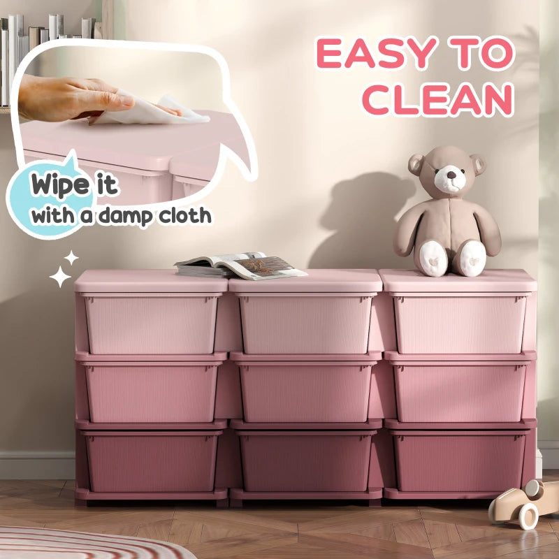 Qaba 3 Tier Kids Toy Organizer and Storage Bins with 9 Plastic Drawers, Pink
