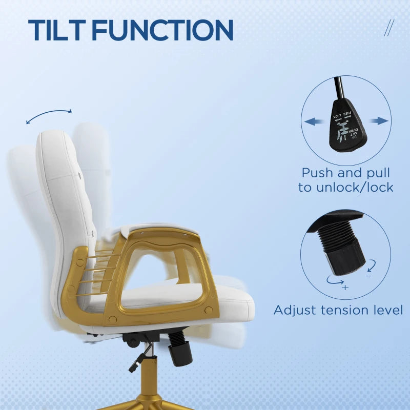 Velvet Office Desk Chair Button Tufted Vanity Chair with Swivel Wheels, Adjustable Height and Tilt Function, Cream White