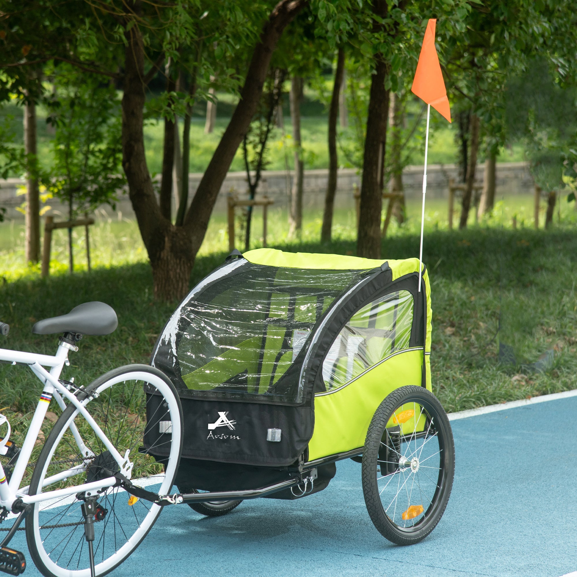 Aosom 2 Seat Bike Trailer for Kids, Baby Stroller with Storage Bag, 5 Point Harness, Bicycle Trailer with 20" Wheels, Green