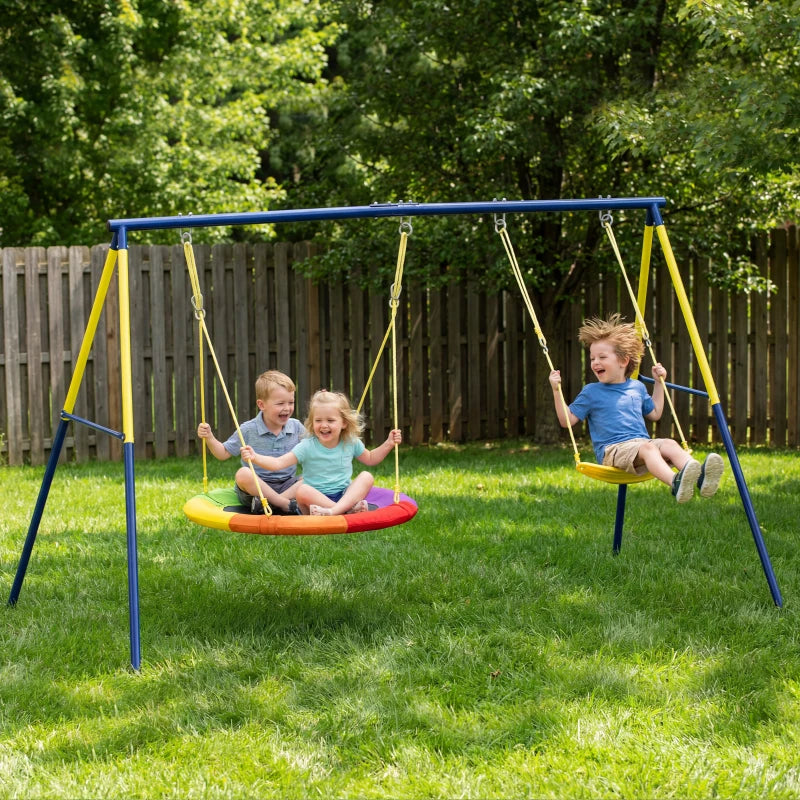 Qaba Kids Swing Set with Double Swings, Outdoor Playset with Adjustable Ropes, Metal Frame for Ages 3-8, 150 Capacity