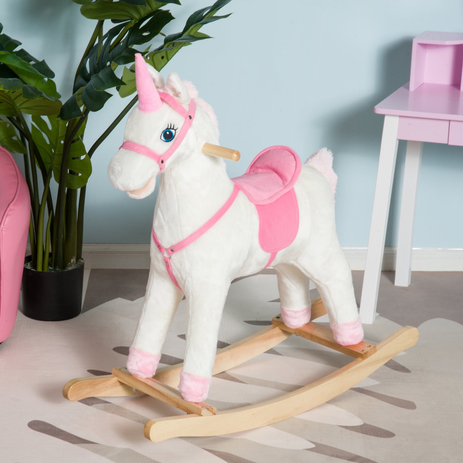 Qaba Kids Plush Toy Rocking Horse Unicorn with Realistic Sounds, White & Pink