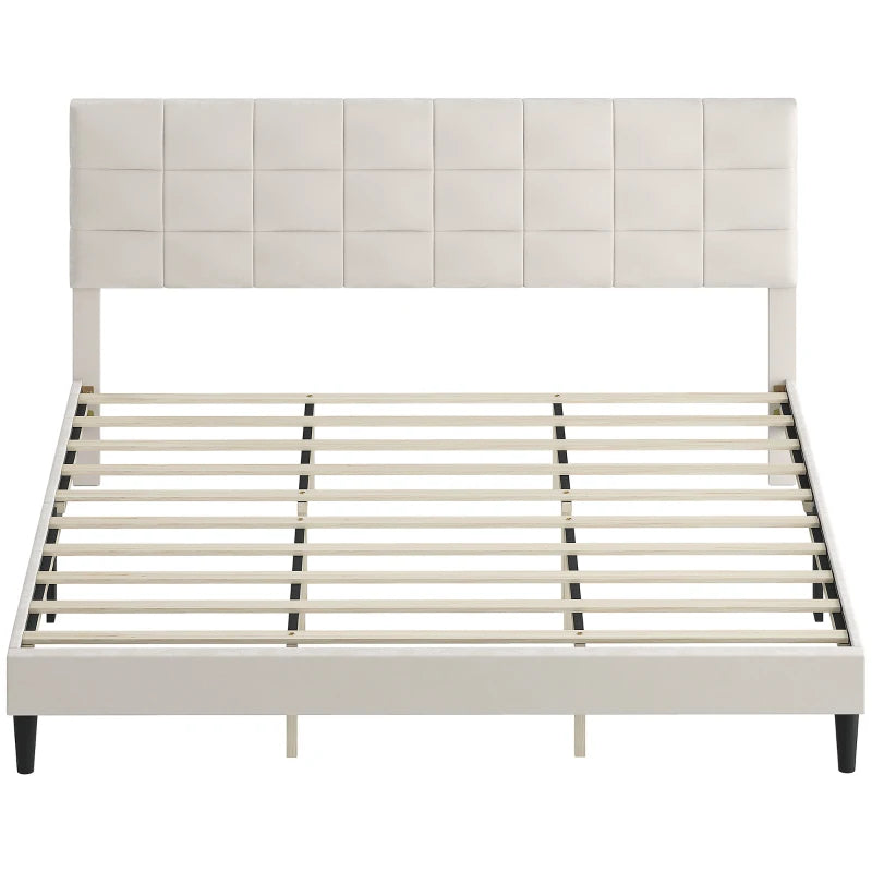 King Size Bed Frame with Upholstered Headboard, Modern Platform Bed Frame with Wood Slats, 1100 lbs Capacity, Cream White