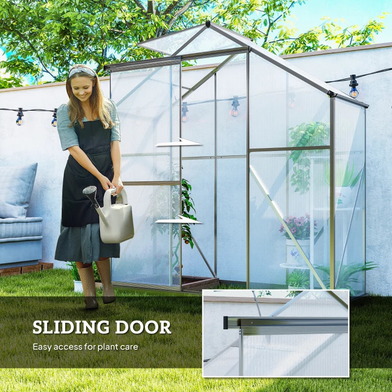 6' x 2.5' Walk-in Polycarbonate Greenhouse Aluminium Green House with Sliding Door, 5-Level Roof Vent, Rain Gutter