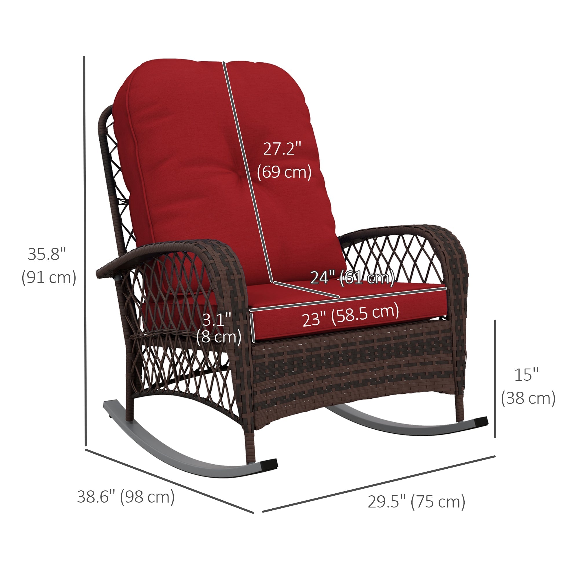 Outsunny Wicker Rattan Rocking Chair with Thick Cushions, Outdoor Patio Rocker for Garden Backyard Porch, Red