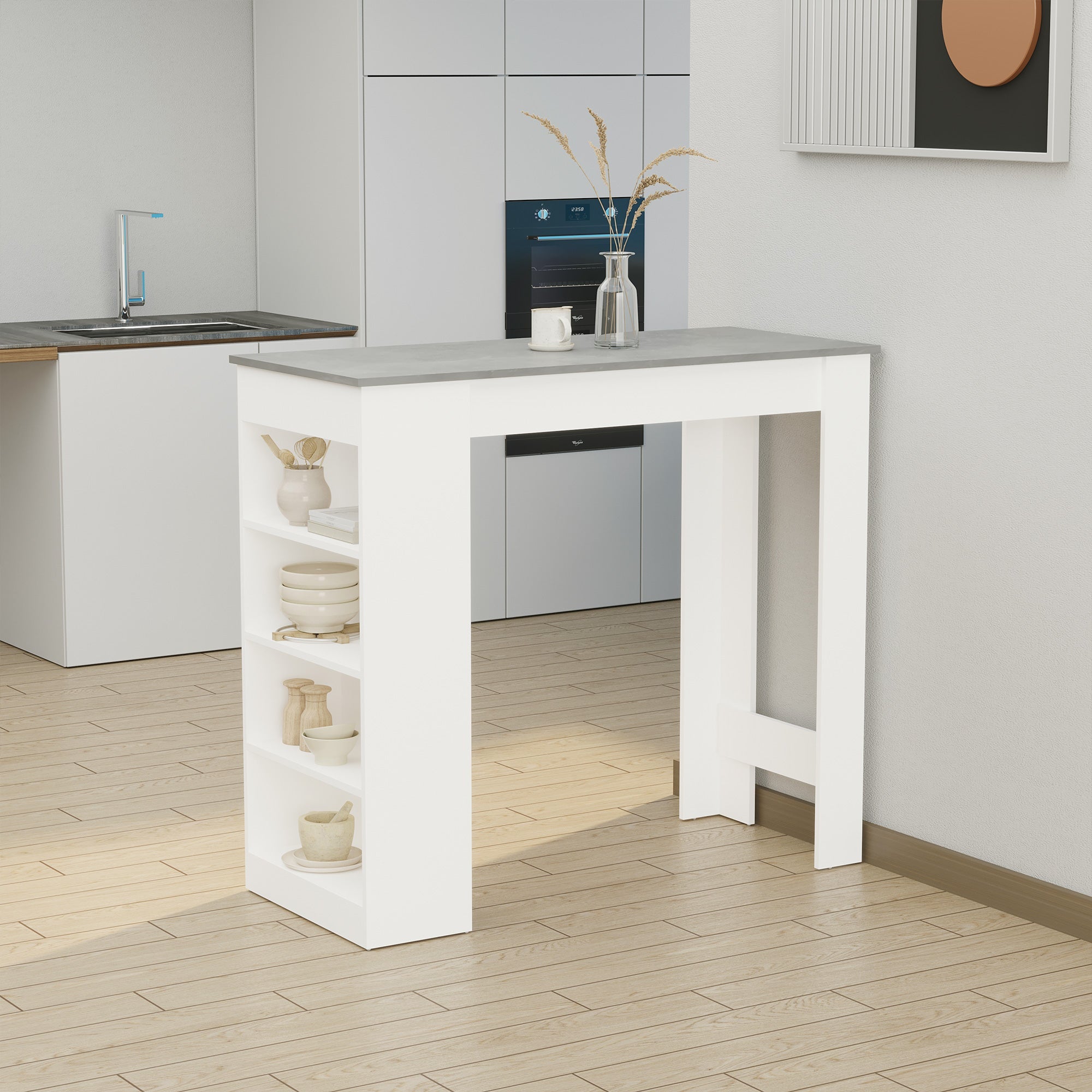 HOMCOM Bar Table High Top Pub Table with 4 Storage Shelves Modern Bar Height Table for Home Bar Kitchen Dining Room Grey