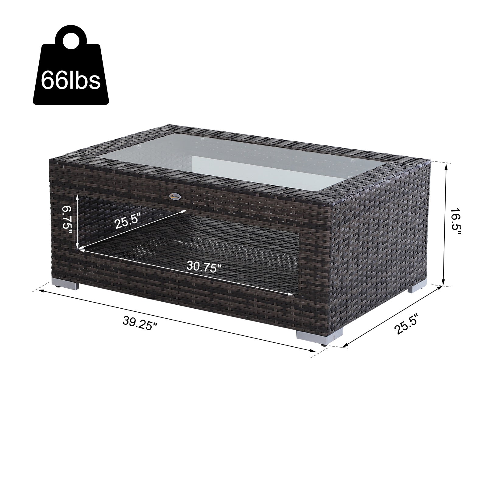 Outsunny Rattan Patio Coffee Table 2-Tier Outdoor Side Table with Tempered Glass Top Storage Wicker Garden Tea Desk