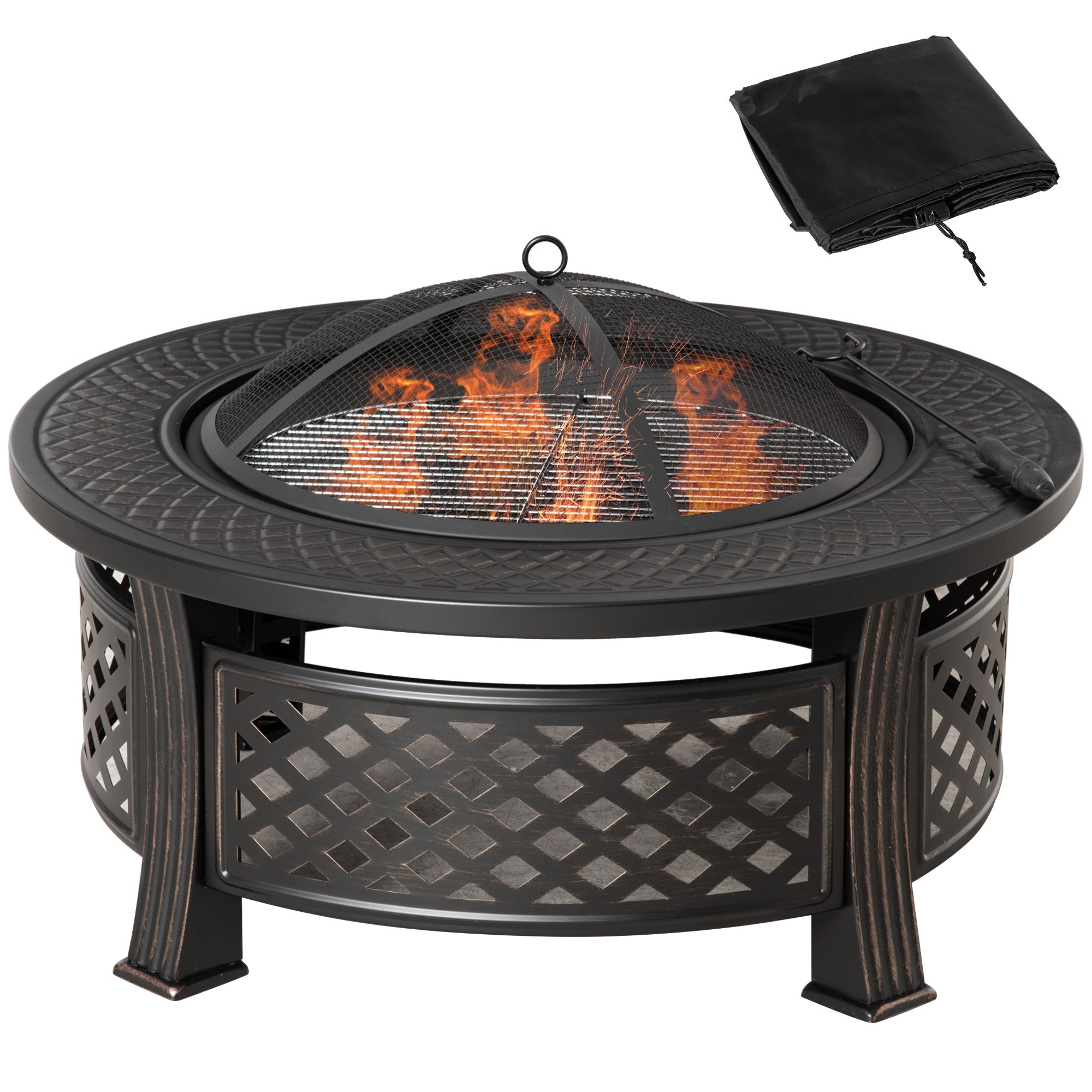 Outsunny Outdoor Fire Pit, Firepit with Grill Net, Mesh Lid, Poker, for Camping, Bonfire, Picnic, Bronze