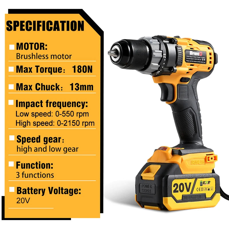 13mm Brushless Electric Impact Drill – 3-in-1 Cordless Screwdriver with 180N.M Torque for Makita 18-21V BatteriesÂ