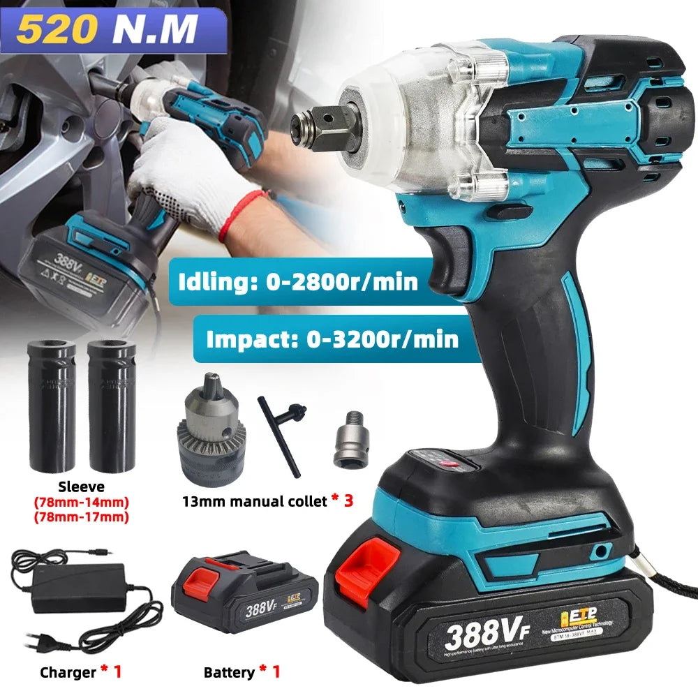 520N.m Cordless Electric Impact Wrench – Brushless, Hand Drill Socket Power Tool for Makita 38V BatteryÂ
