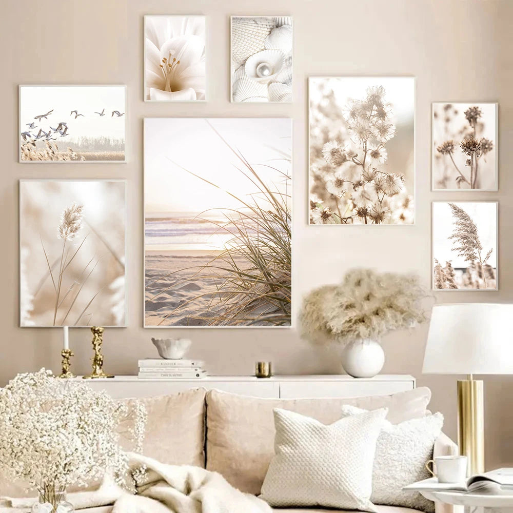 Beige Flower Reed Poster – Canvas Painting, Nature Landscape Art Print, Shell Beach Picture, Nordic Wall Poster for Living Room Decor