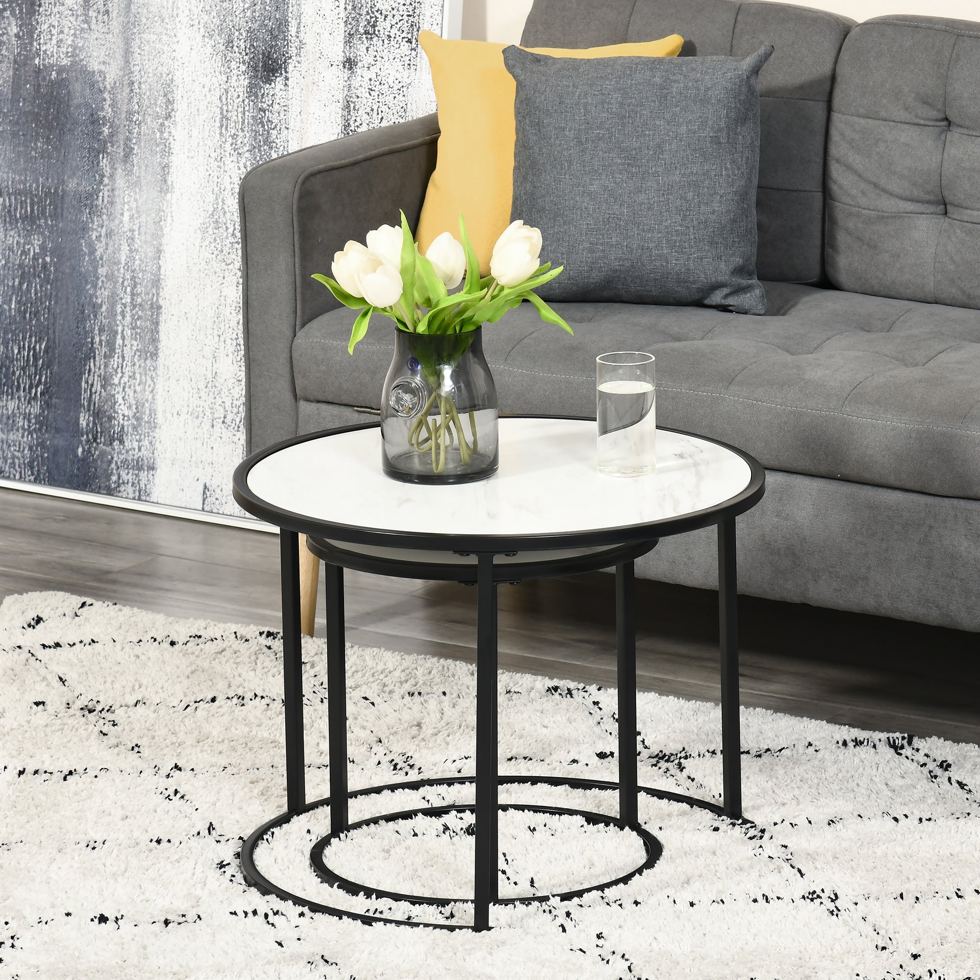 HOMCOM Round Nesting Coffee Table Set of 2 Stacking Modern Accent Tables Faux Marble Tabletop Metal Frame White