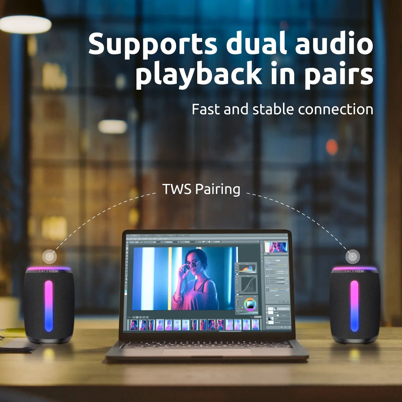 Bluetooth Stereo Speaker with TWS Pairing, LED Lights, Call Function, Radio, Waterproof, TF Card, USB, AUX, Wireless Portable