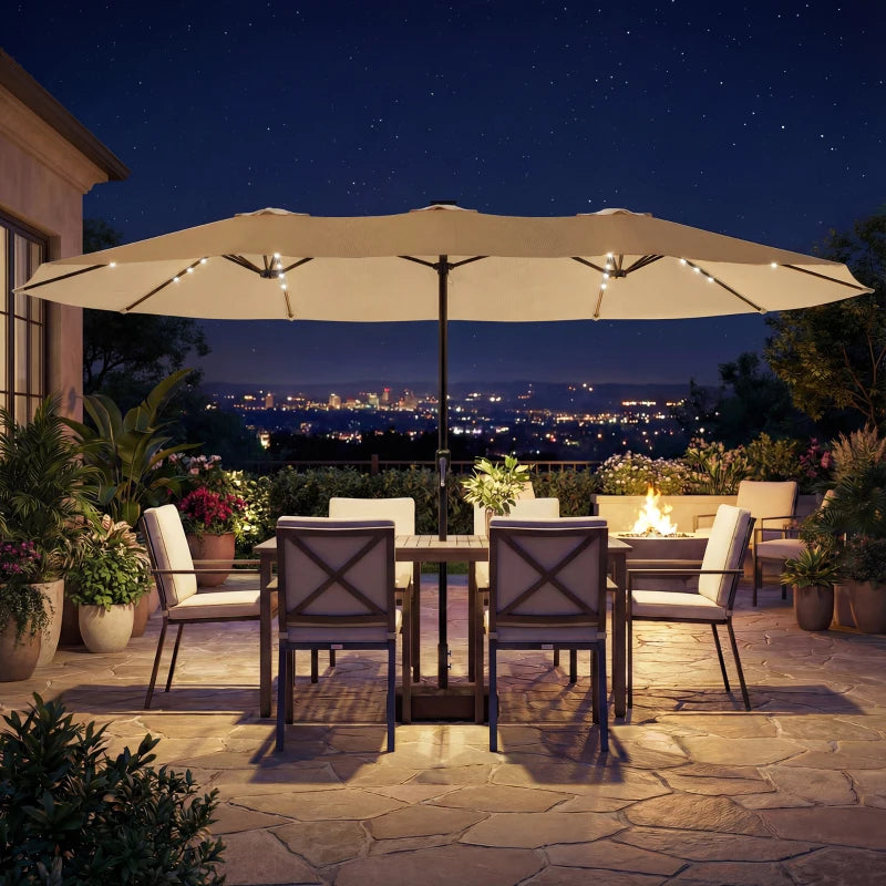 Double-sided Patio Umbrella with Base Included & 48 LED Lights 15ft Khaki