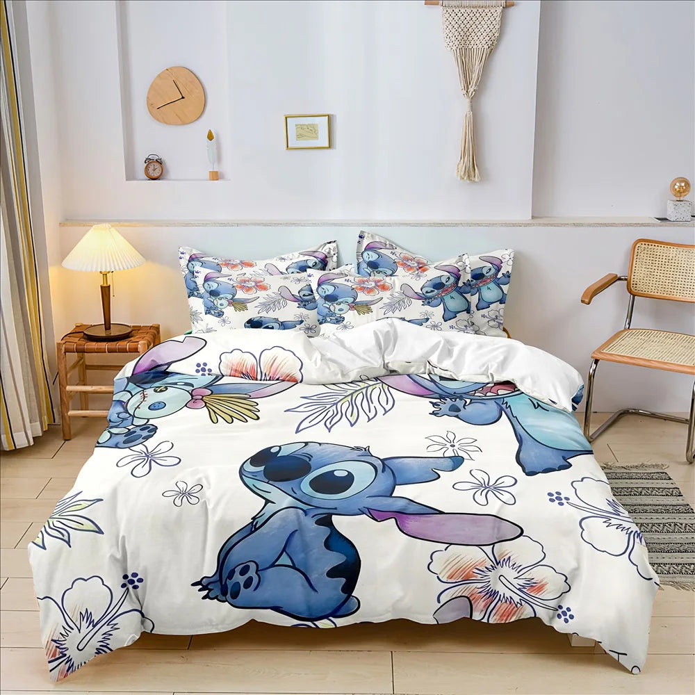 Anime Stitch Bedding Set – 3D Cartoon Printed Quilt Duvet Cover Set with Pillowcase, Comfortable for Kids' Bedroom, Home Decor