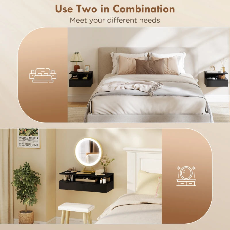 Floating Nightstand Set of 2, Wall Mounted Bedside Table with Drawer and Shelf, Small Night Stand for Bedroom, Black