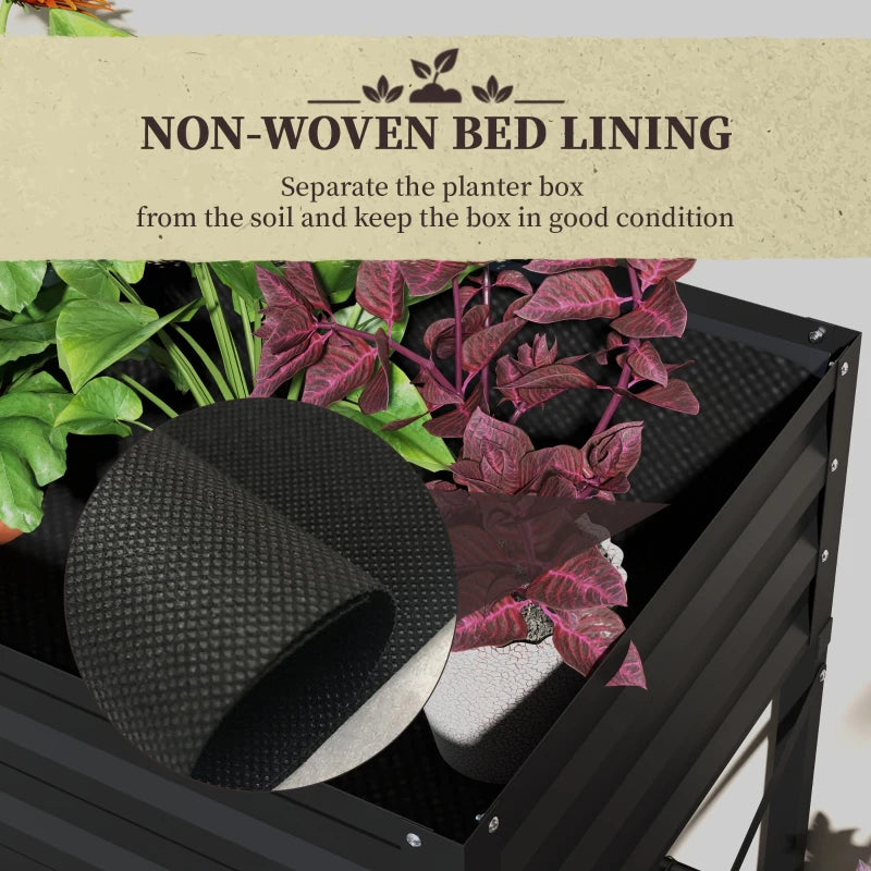 Galvanized Raised Garden Bed, Metal Planter Box with Bed Liner and Storage Shelf, for Vegetables Flowers Herbs, Black