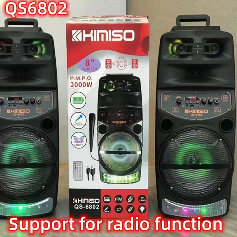 QS 6802 Outdoor Party Active Bluetooth Speaker - 8 Inch Wireless Portable, 2000W Peak Power Subwoofer, Column Radio Speaker with Mic
