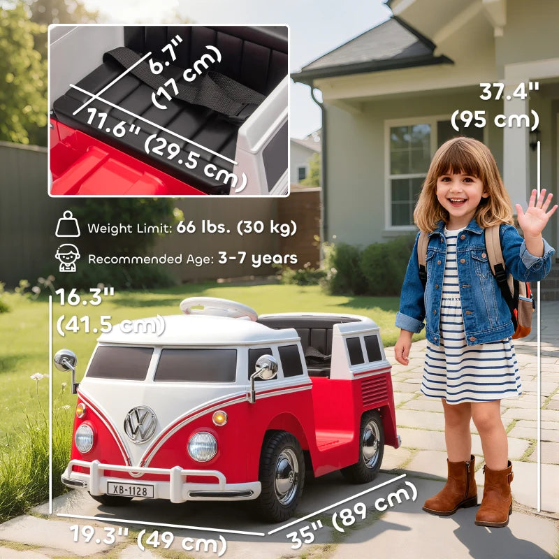 Qaba 12V Kids Ride on Car, Lisensed Volkswagen T1 Electric Vehicle with Dual Motor and Soft Start for 3-7 Years, Red