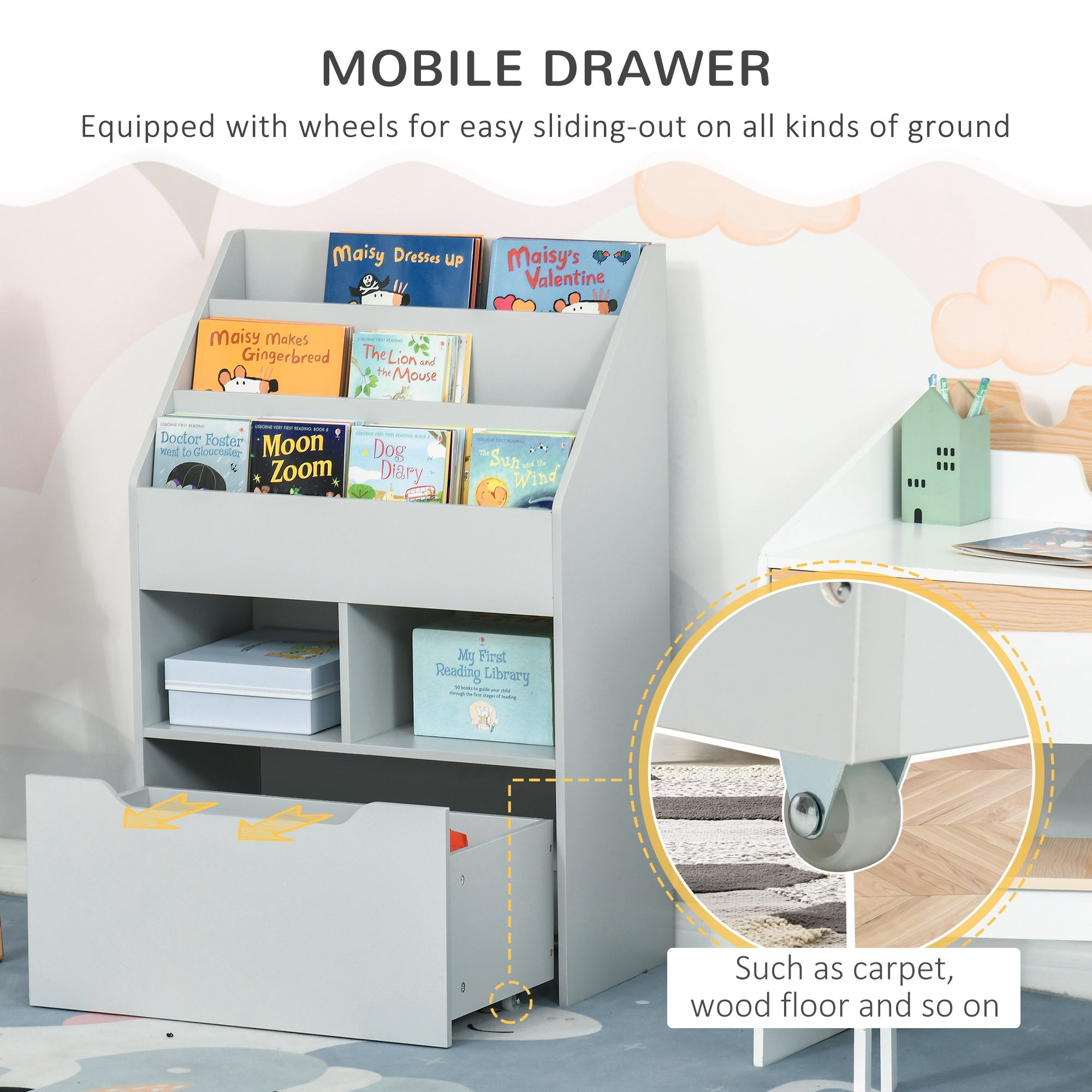 HOMCOM Kids Bookcase Multi Shelf Rack Organizer Storage Drawer Reading Nook Classroom Bedroom Playroom Grey