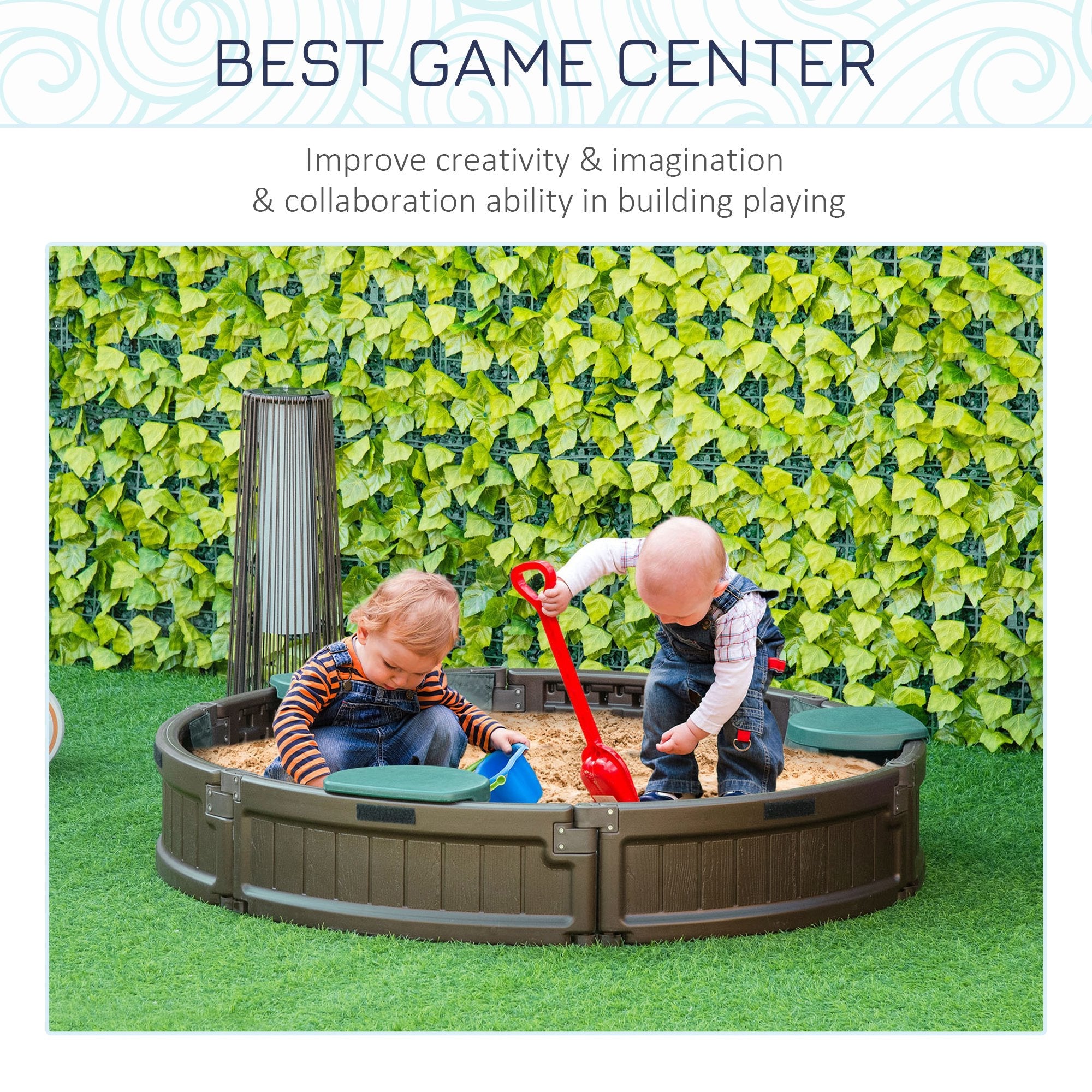 Outsunny Round Sandbox for Kids Outdoor Play with Waterproof Canopy Bottom Liner Childrens Garden Playset Brown