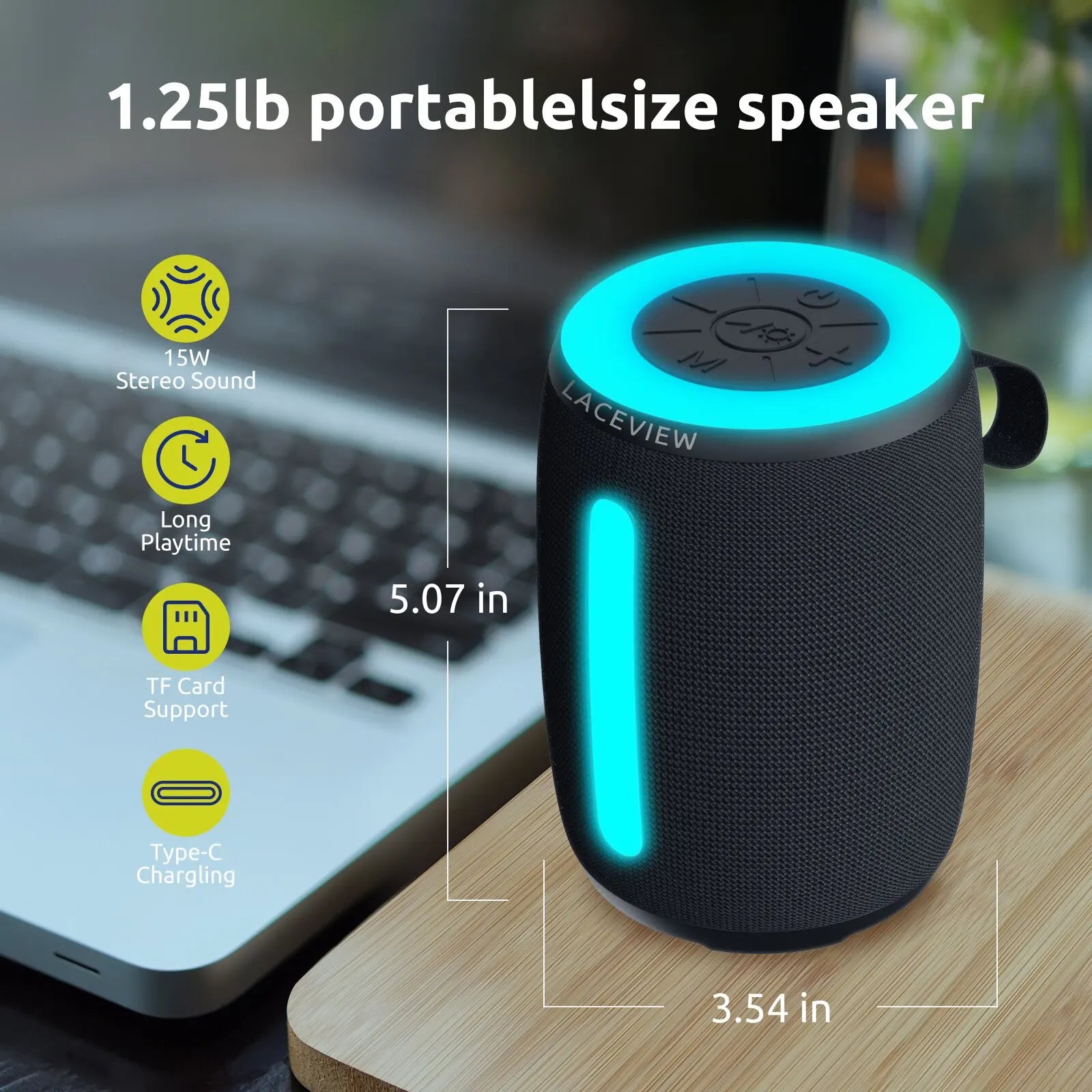 Bluetooth Stereo Speaker with TWS Pairing, LED Lights, Call Function, Radio, Waterproof, TF Card, USB, AUX, Wireless Portable