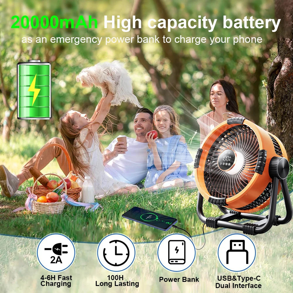 Camping Fan Portable Electric Fan – 20,000mAh Rechargeable, Desktop Air Circulator, Wireless Ceiling Fan with Power Bank