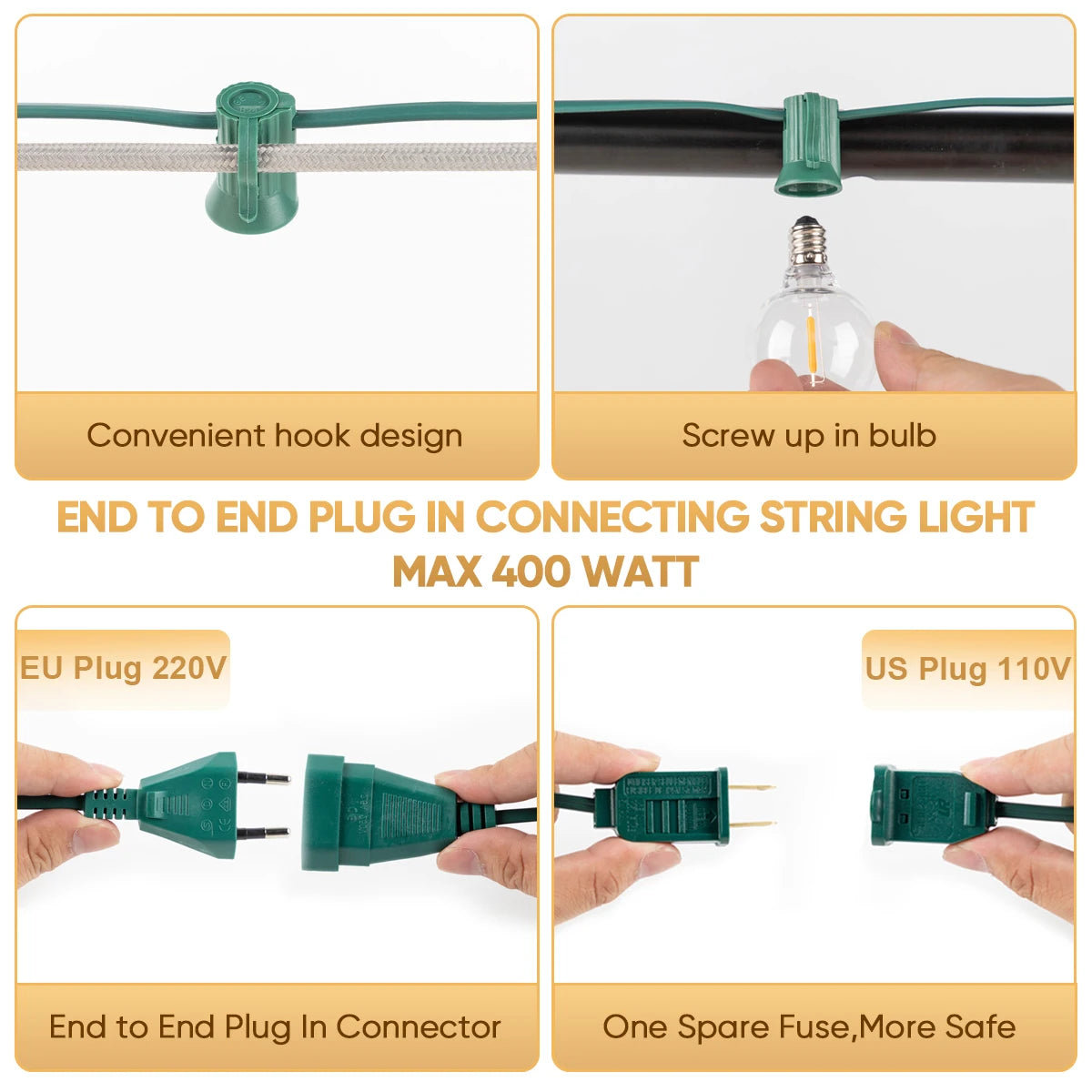 Outdoor Light Cable EU 220V US 110V String Light Wire E12 Sockets C7 Lamp Base Connectable Party Christmas Decor Street Garland