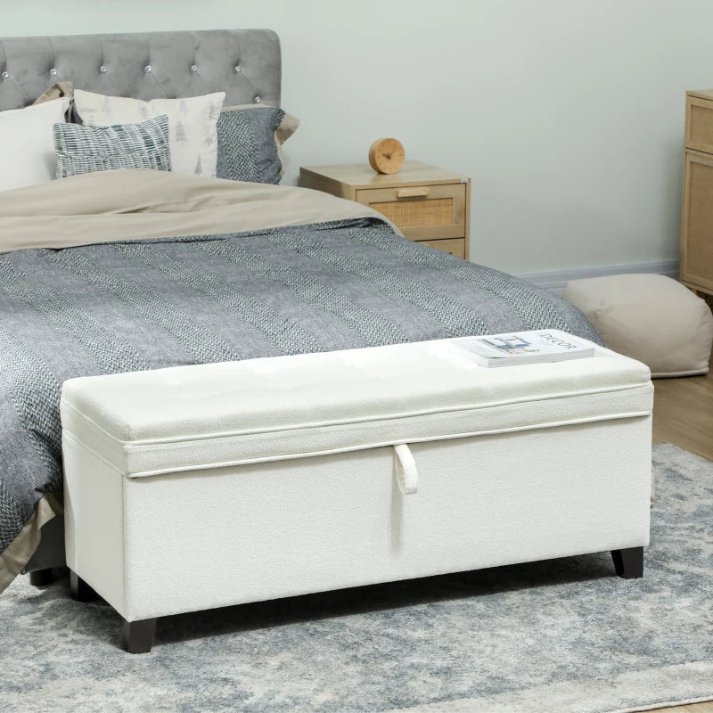 Storage Ottoman Bench, Foot Rest with Safety Hinges, 47 Inches Linen Storage Chest for Living Room, Cream White