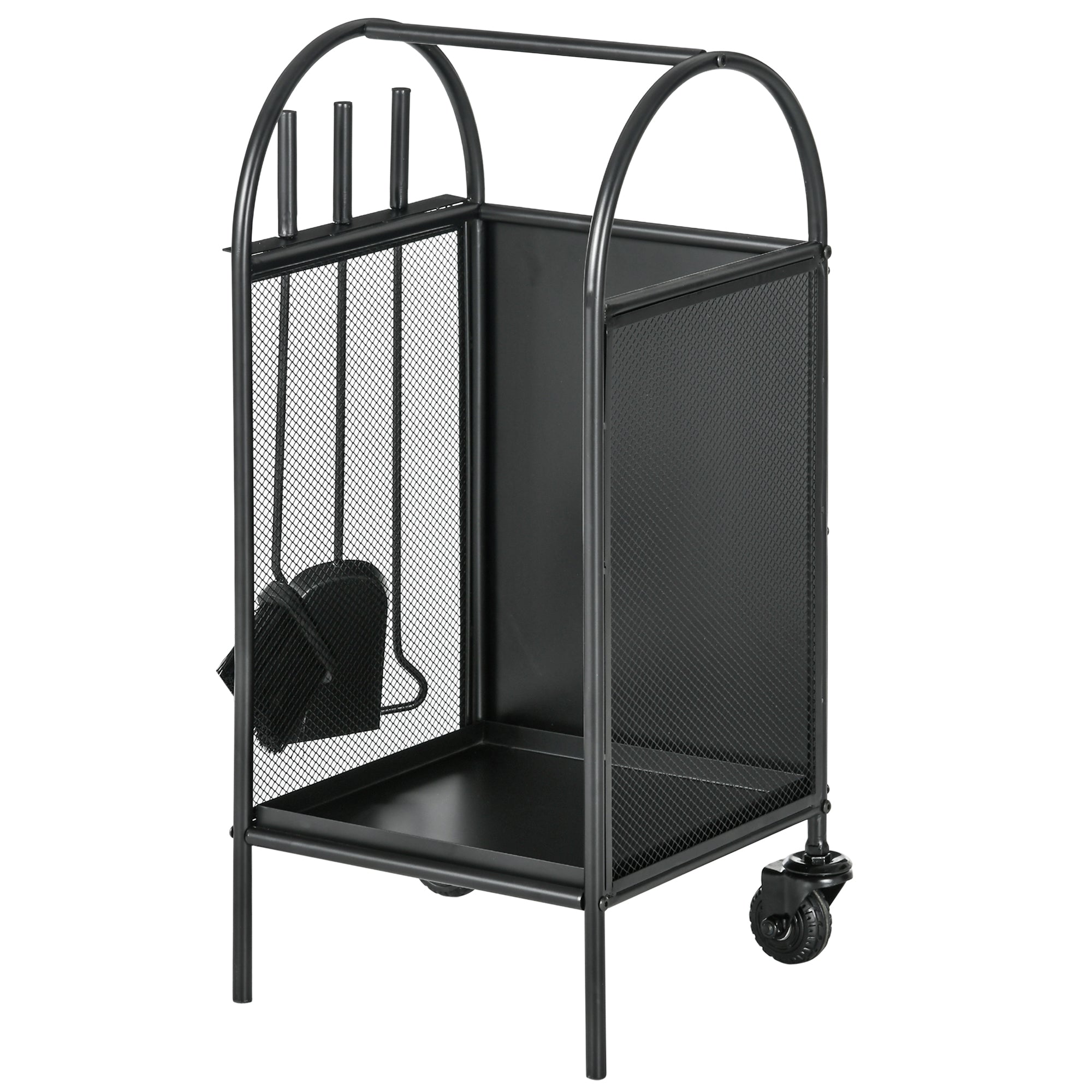 Outsunny 15" Outdoor Firewood Rack with Wheels and Tools, Heavy Duty Wood Storage Stacker, Indoor Outdoor Log Rack, Black