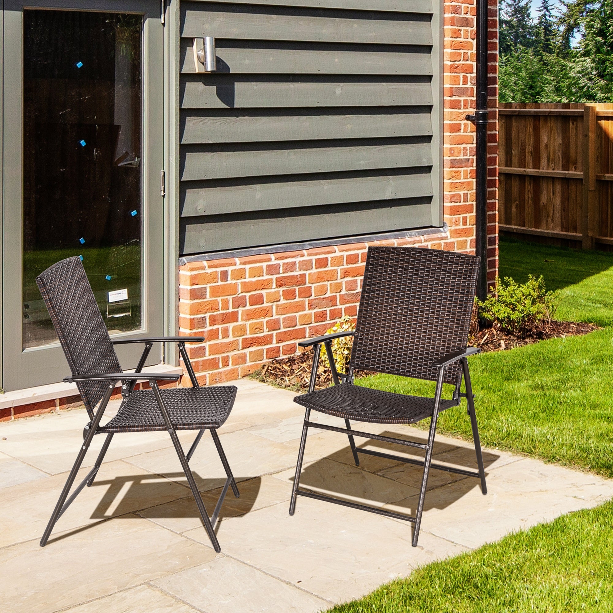 Outsunny Brown Rattan Outdoor Wicker Dining Chair Set of 2 Foldable with Steel Frame for Garden Backyard Porch