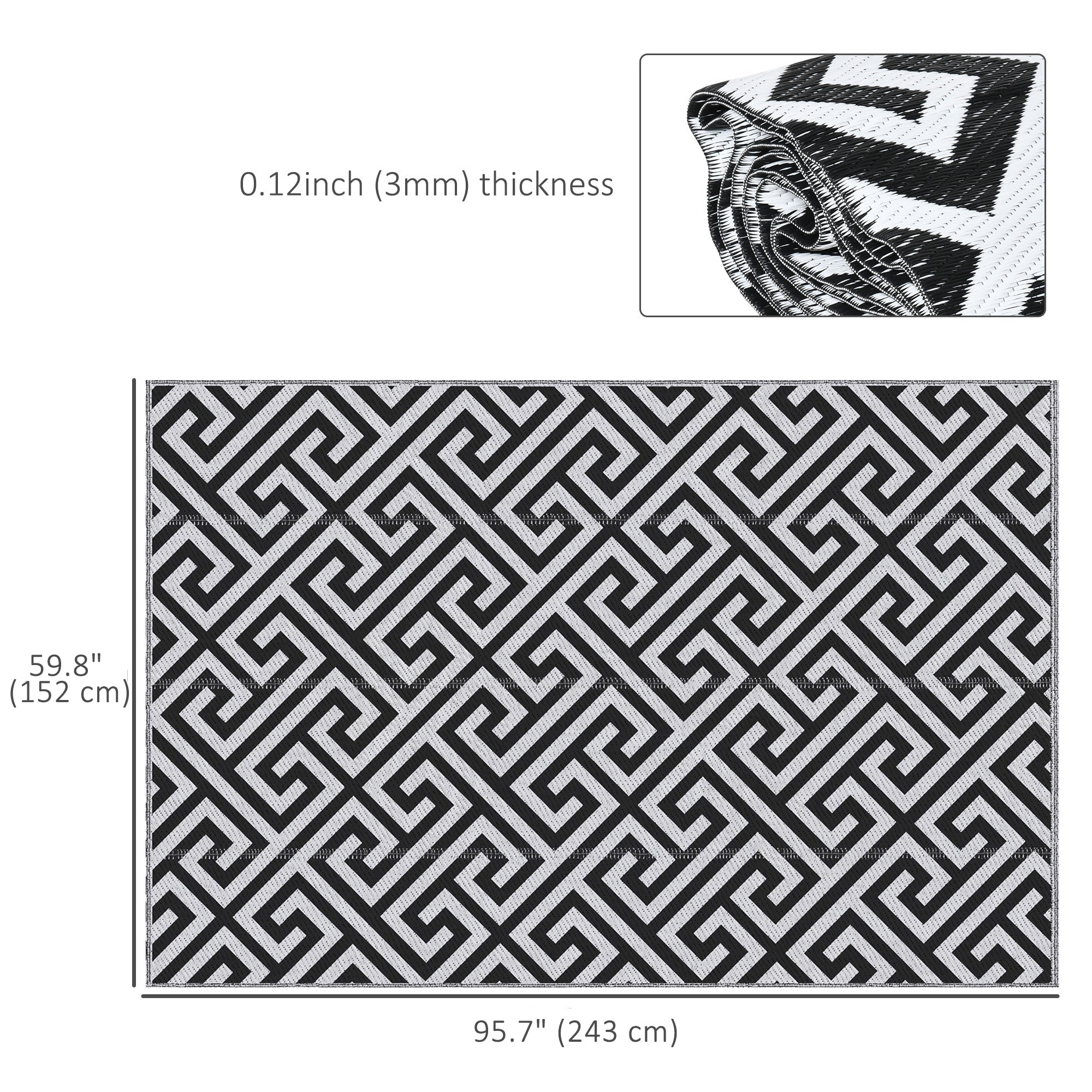 Outsunny Reversible Outdoor RV Rug, Patio Floor Mat, 5' x 8' Plastic Straw Rug for Backyard, Deck, Beach, Camping, Black & White