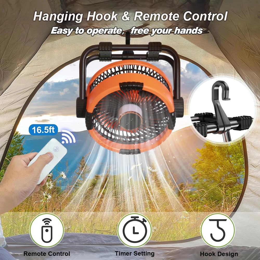 Camping Fan Portable Electric Fan – 20,000mAh Rechargeable, Desktop Air Circulator, Wireless Ceiling Fan with Power Bank