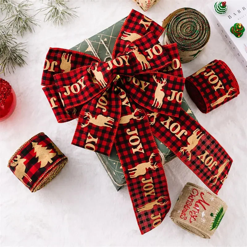 5M/Roll Christmas Ribbon Gift Packaging DIY Linen Decorations Wire Edge Roll Bundle Wrapping for Hairbows Bow Lot Floral Bouquet