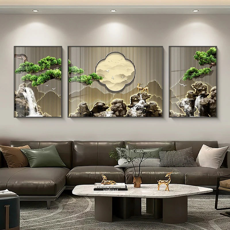 Chinese Art Welcome Pine Landscape Decorative Painting – Wall Decor, Home & Room Aesthetic, No Frame, 3-Piece Set