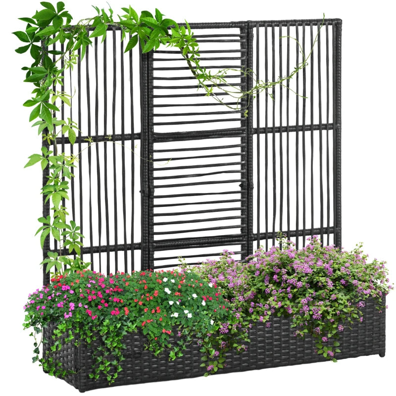 Raised Garden Bed with Lattice Trellis, Rattan Outdoor Planter with Storage for Garden, Patio, Balcony, Black