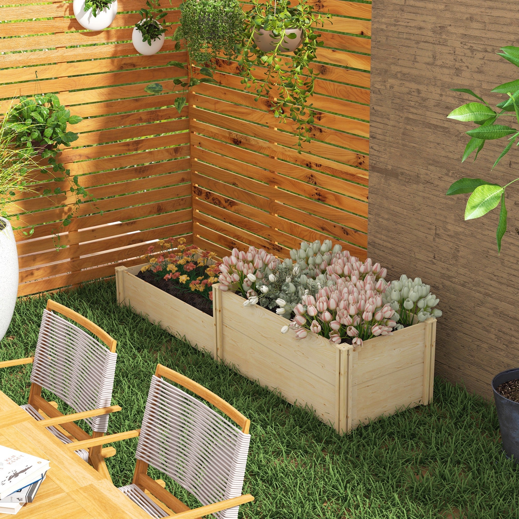 Outsunny DIY Raised Garden Bed Two-Box Wooden Planters Outdoor Patio Backyard Veggies Flowers Herbs Plants Growing Easy Assembly