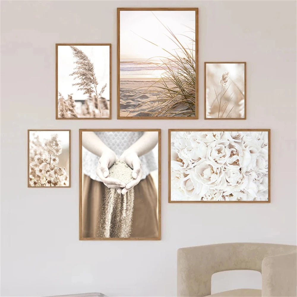 Beige Flower Reed Poster – Canvas Painting, Nature Landscape Art Print, Shell Beach Picture, Nordic Wall Poster for Living Room Decor