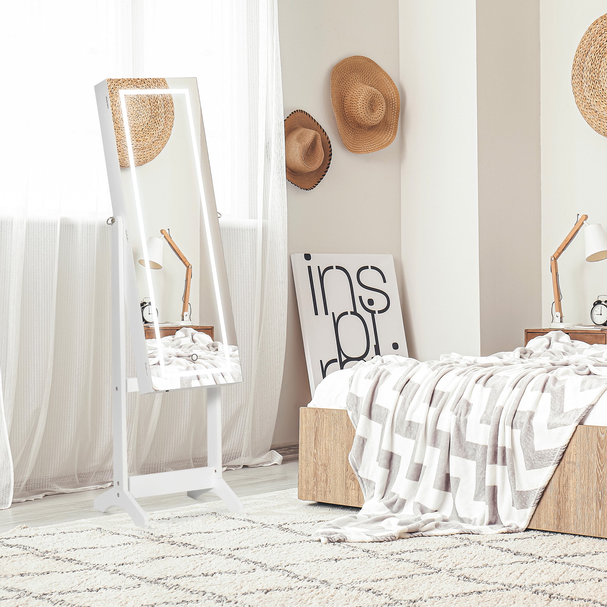 HOMCOM Lockable Jewelry Cabinet: With LED Light, Full-Length Mirror for Bedroom, Dressing Room, White