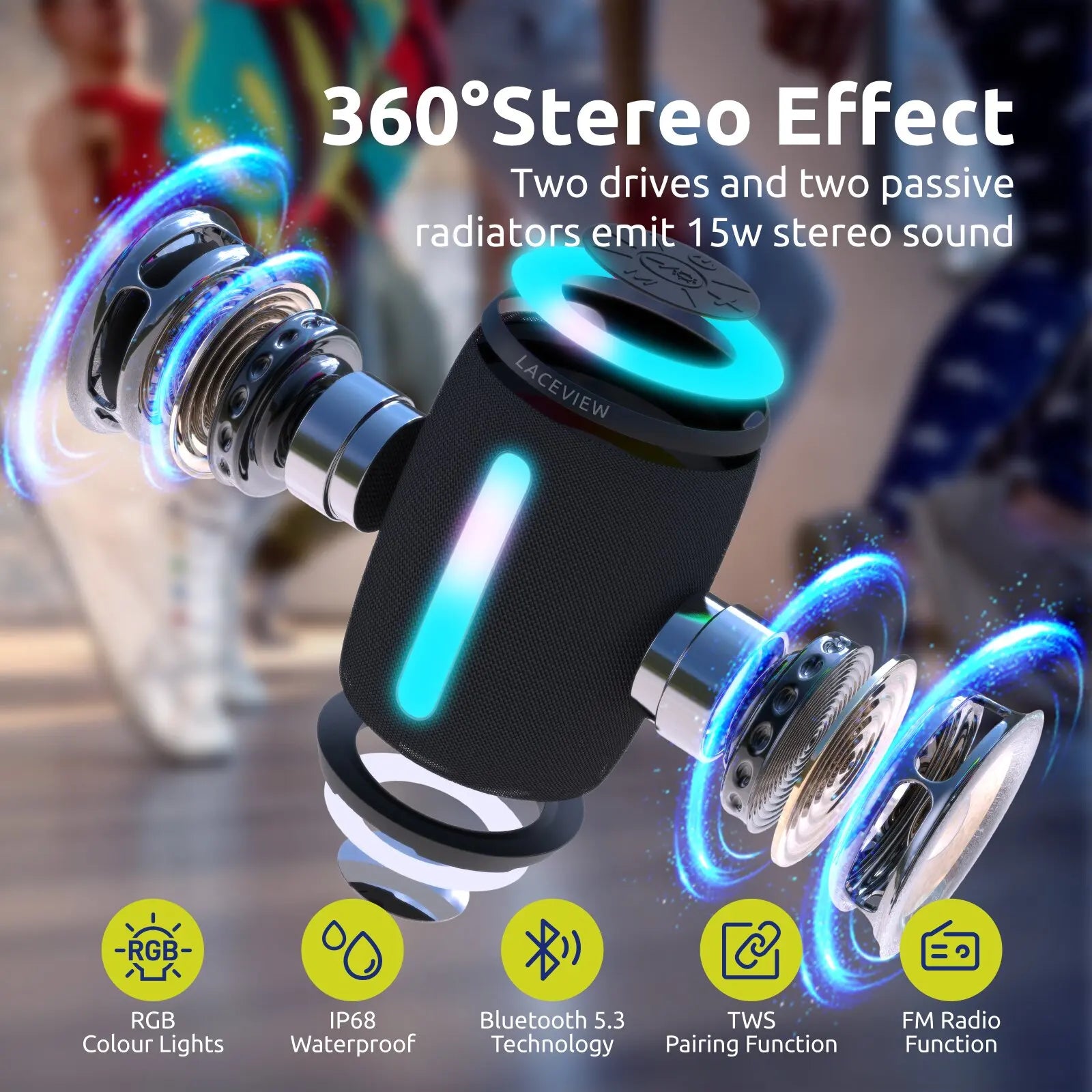 Bluetooth Stereo Speaker with TWS Pairing, LED Lights, Call Function, Radio, Waterproof, TF Card, USB, AUX, Wireless Portable