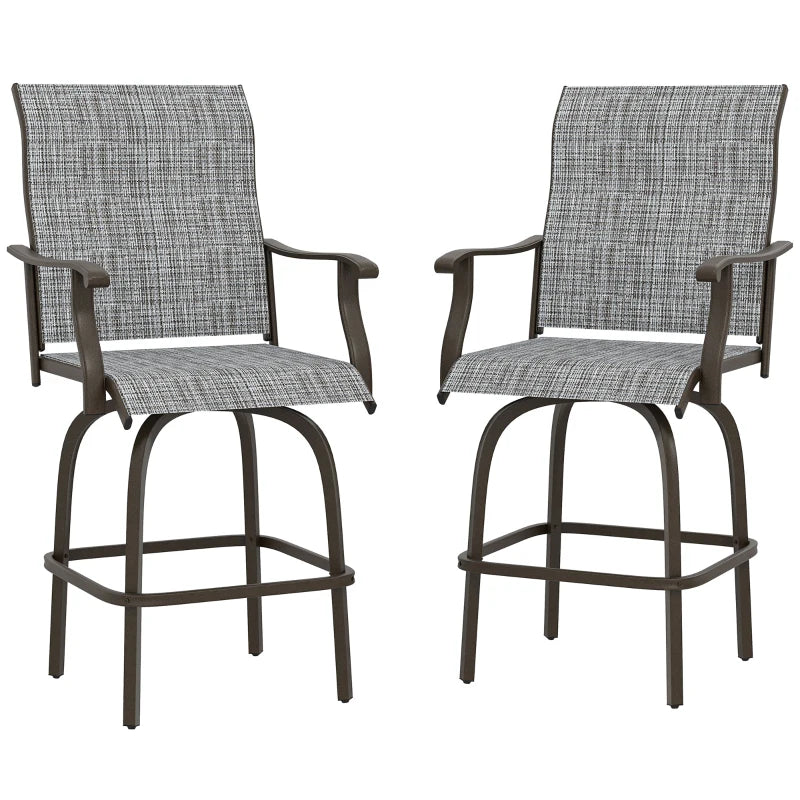 Outdoor Bar Stools Set of 2, Swivel Bar Height Chairs with High Back, Curved Armrests and Steel Frame, Mixed Grey