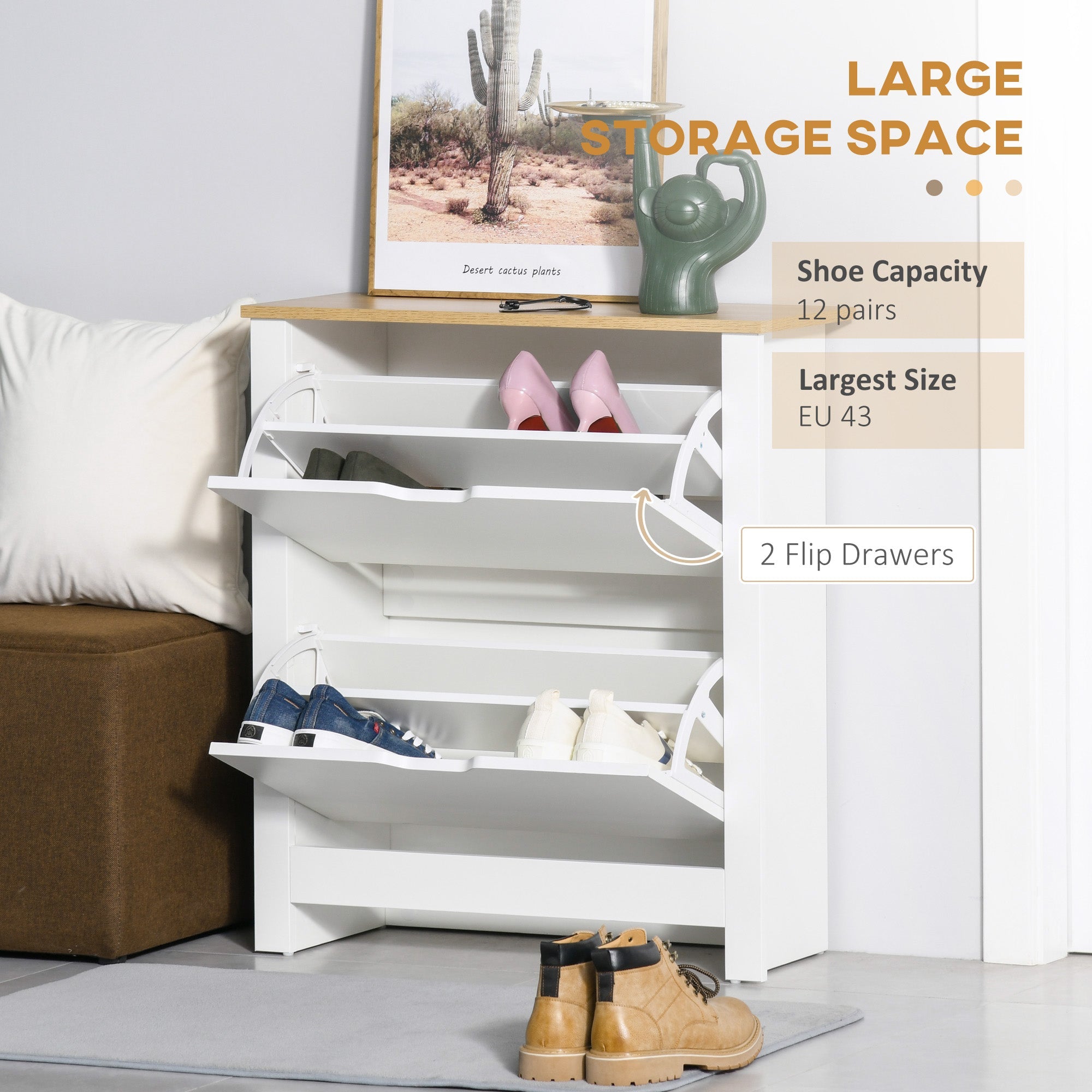 HOMCOM Slim Shoe Storage Cabinet Space-Saving 2 Flip Drawers & Adjustable Shelves Holds 12 Pairs in White
