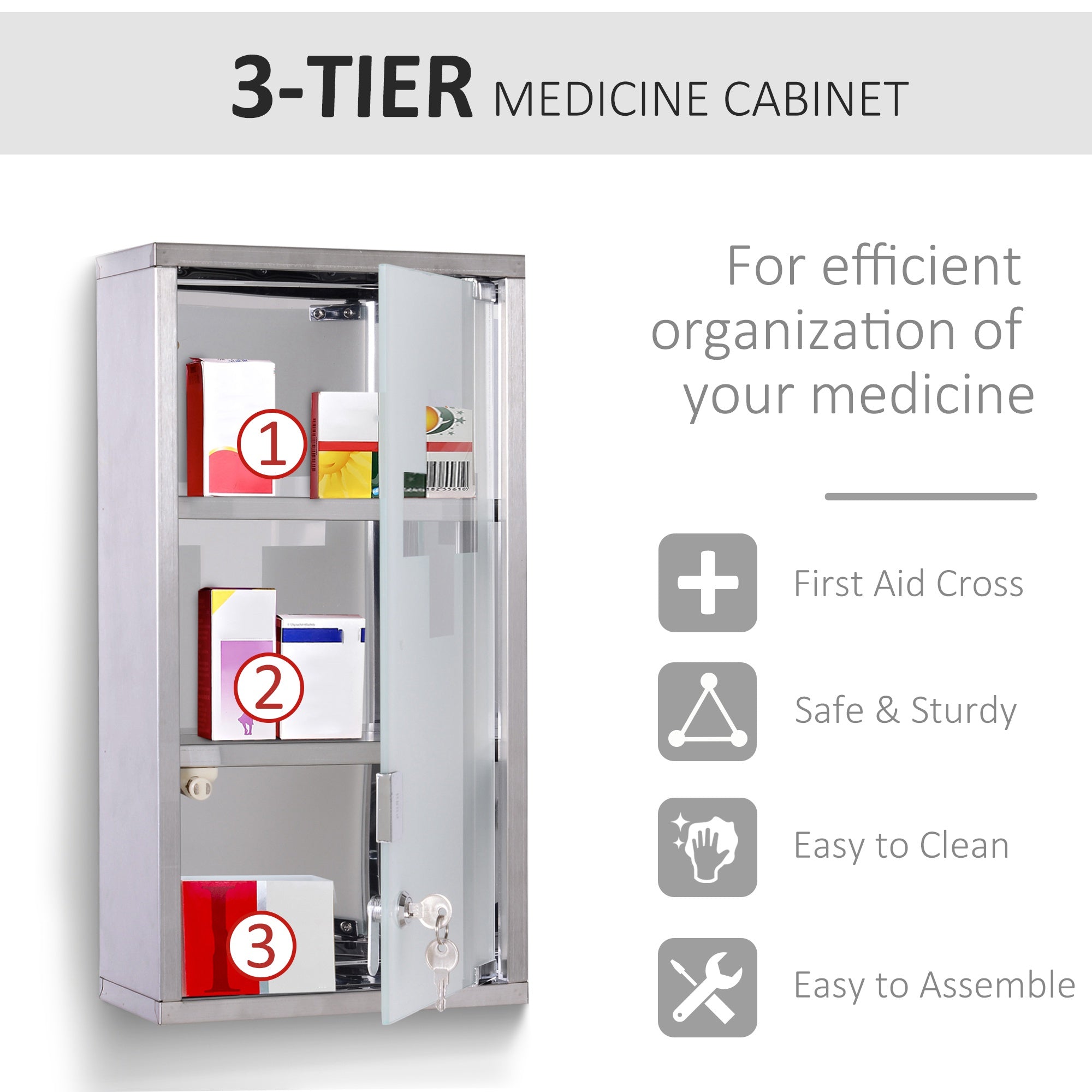 HOMCOM Sleek Wall-Mounted Medicine Organizer: Lockable 2-Shelf Glass Door Cabinet with Stainless Steel Frame for Bathroom Storage