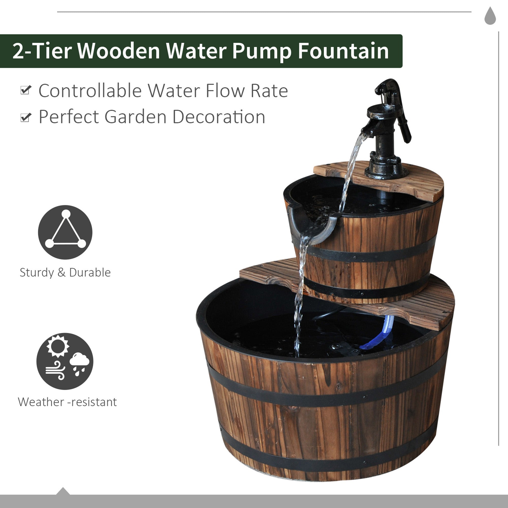 Outsunny 2-Tier Wooden Barrel Water Fountain with Electric Pump Cascading Feature Outdoor Indoor Decoration