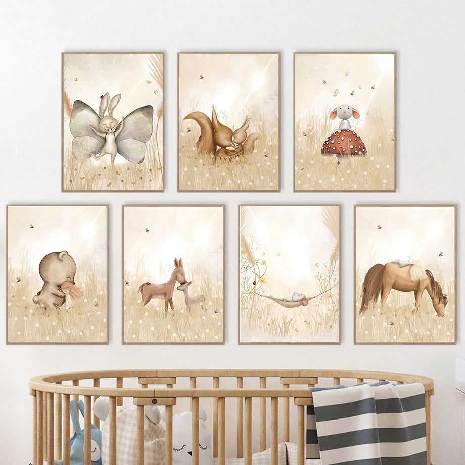 Boho Nursery Wall Art – Bear, Rabbit, Mouse, Squirrel, Deer Canvas Painting, Nordic Posters and Prints, Baby Kids Room Decor