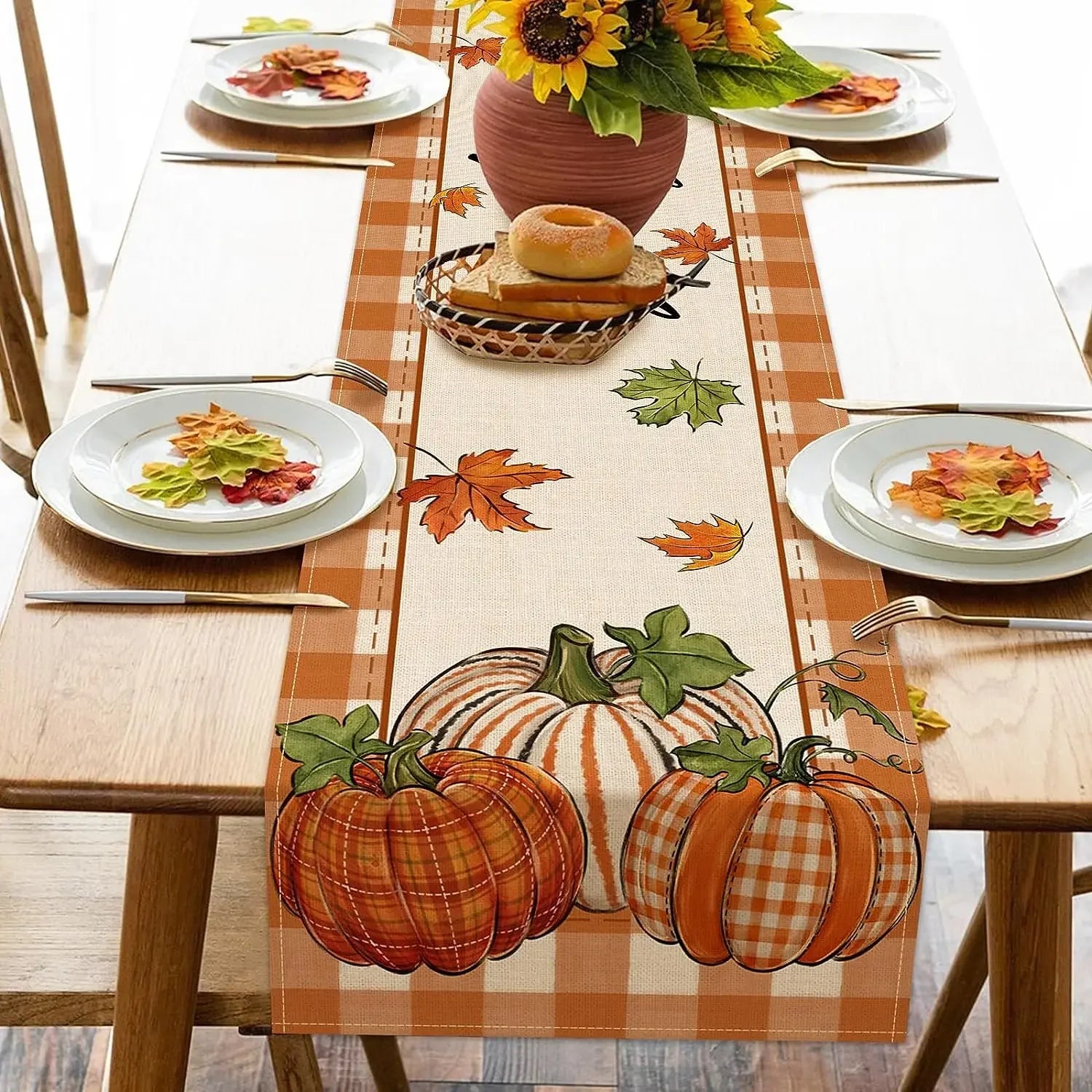 Fall Thanksgiving Pumpkin Maple Leaves Linen Table Runners Kitchen Table Decor Farmhouse Dining Table Runner Holiday Party Decor