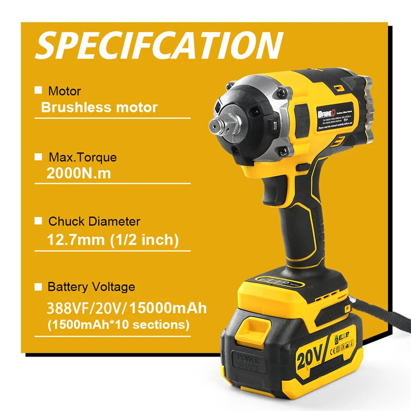 2000N.m 20V Brushless Electric Impact Wrench – Rechargeable Li-ion Battery, 1/2" Socket Wrench, Cordless, Plastic BoxÂ