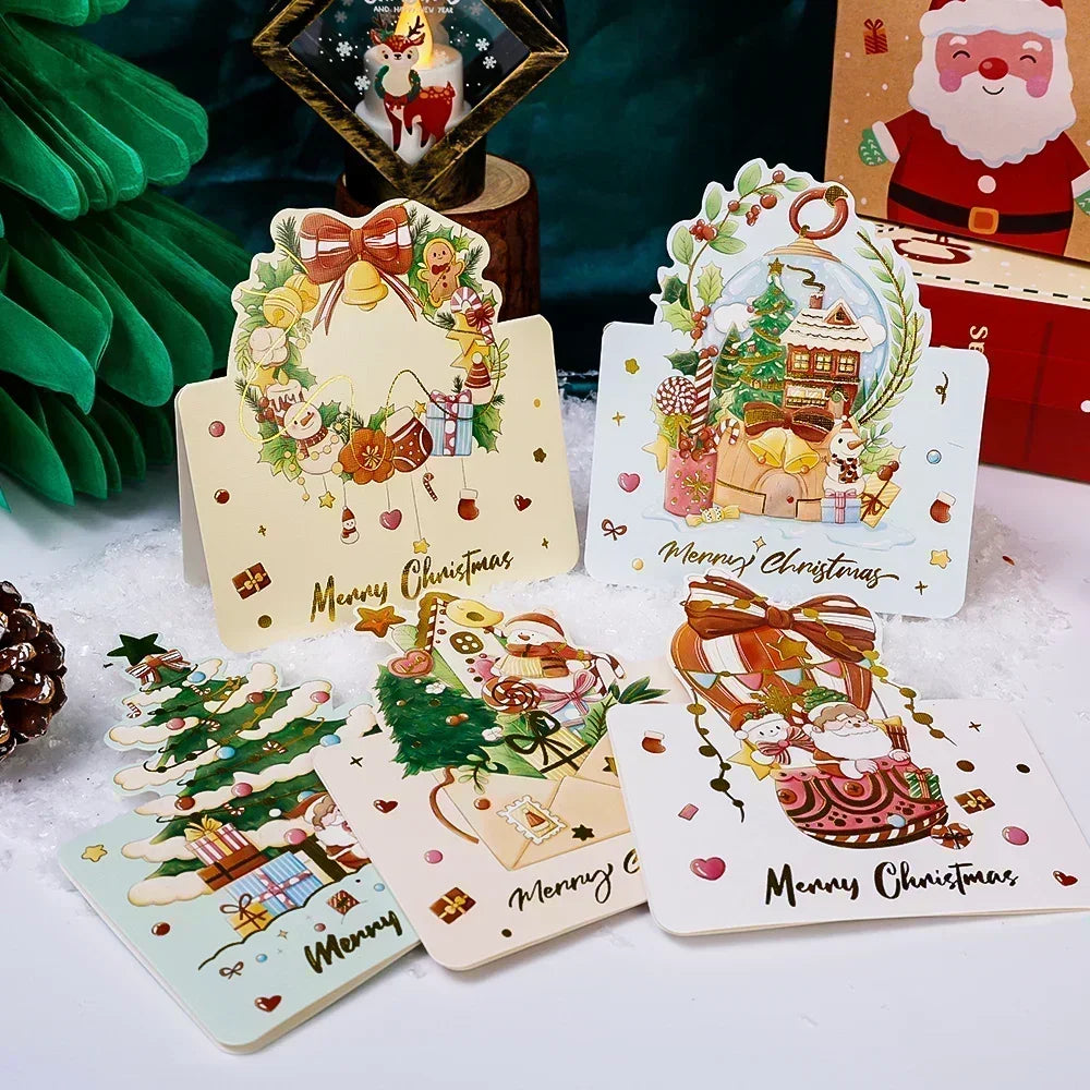 100-1Pcs Christmas Greeting Cards Foldable Postcards New Year Party Bronzing Winter Gifts Paper Cards Home Envelope Decorations